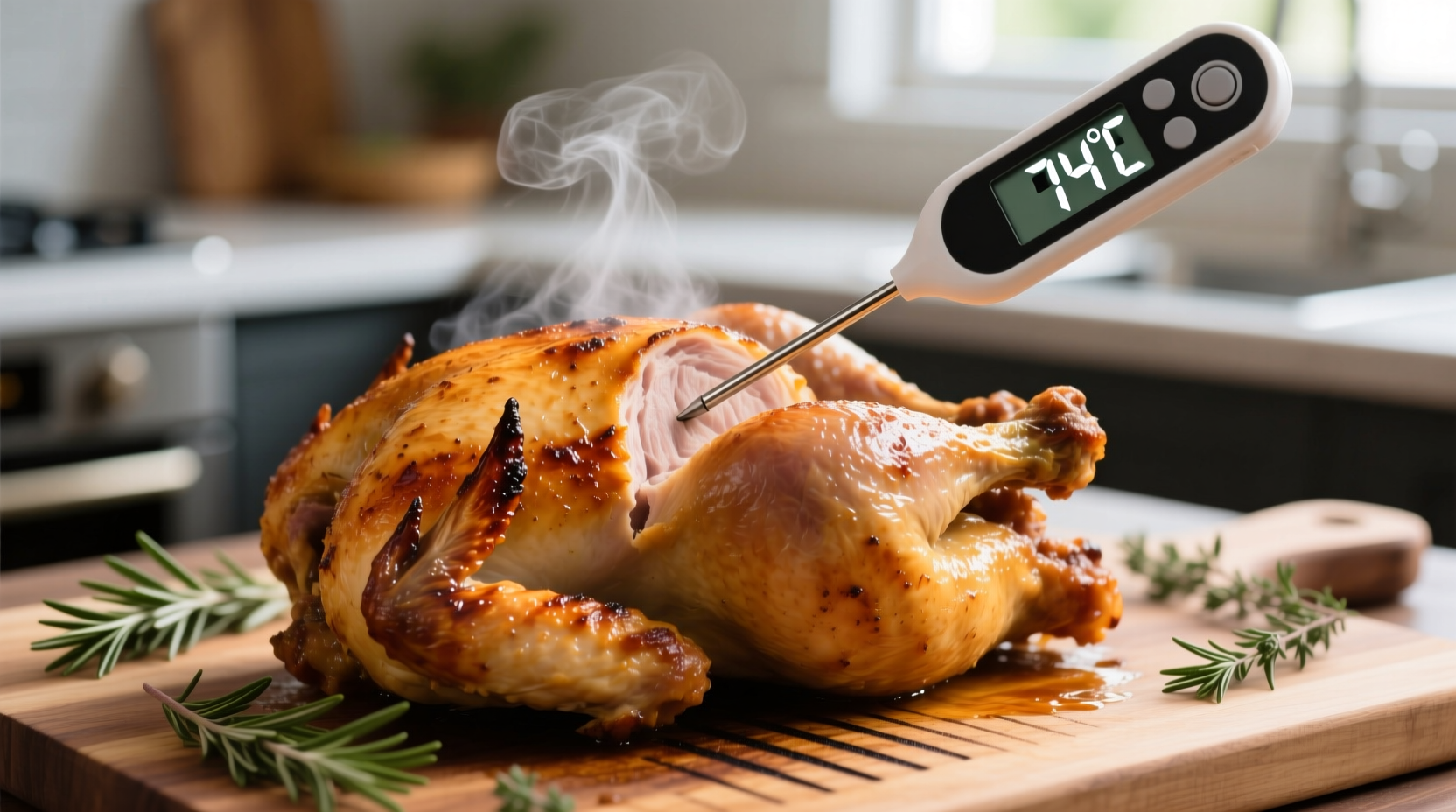 Digital thermometer measuring cooked chicken temperature