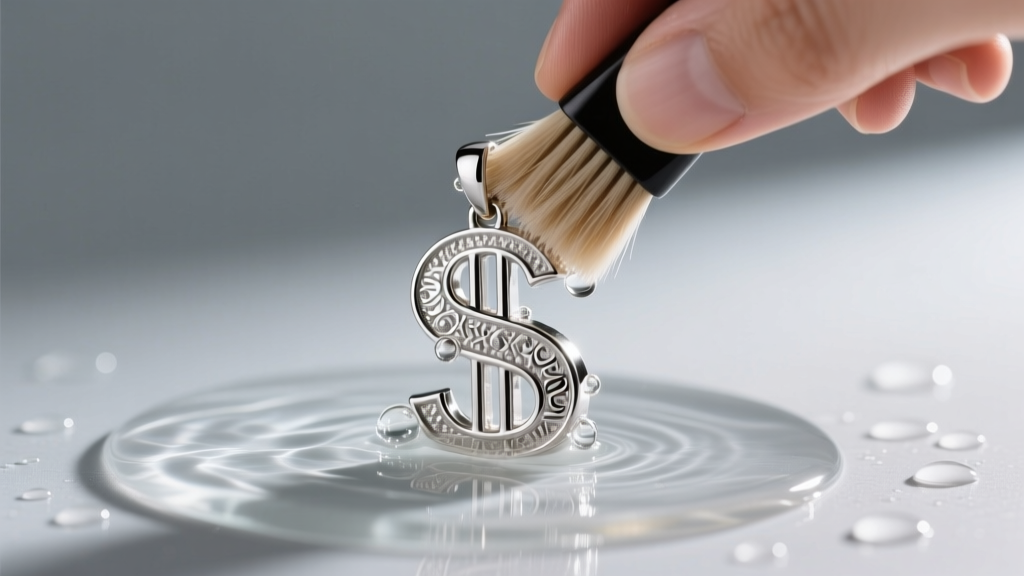 Hand holding a soft brush gently scrubbing the inner loops of a silver dollar sign pendant submerged in mild soapy water.