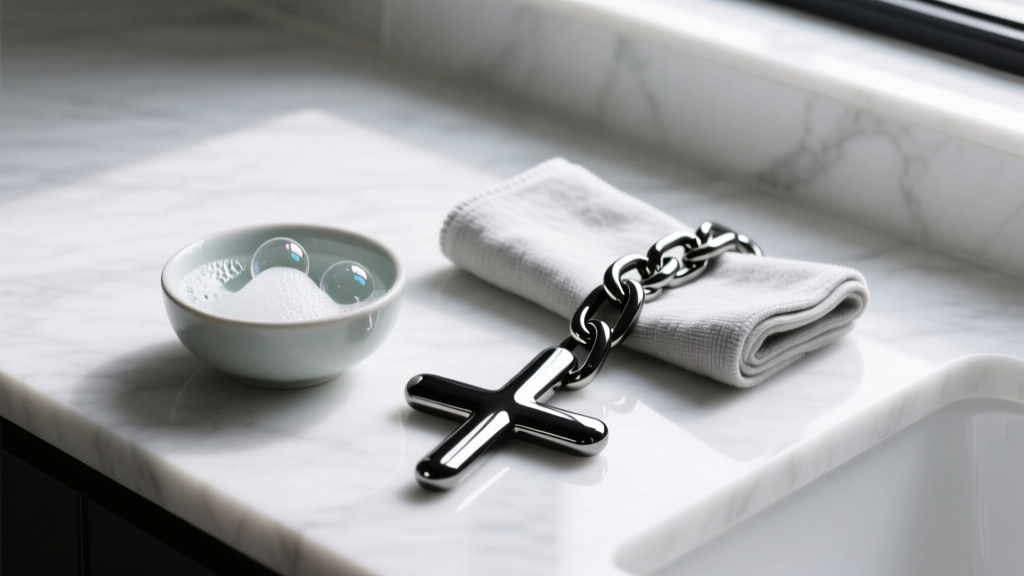 Small bowl of soapy water beside a black stainless steel cross chain, with a folded microfiber cloth on a clean marble countertop.