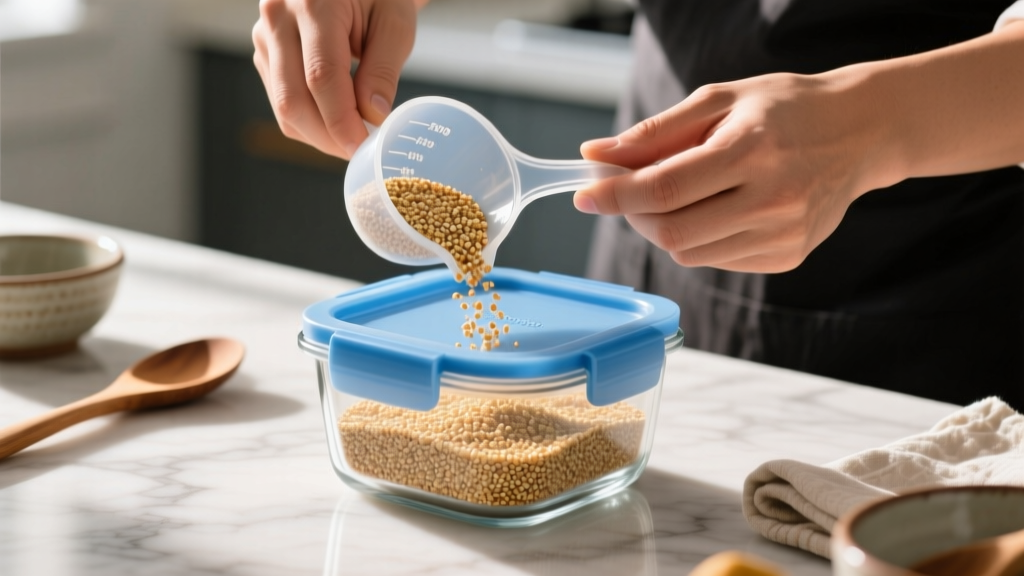 Home cook using an angled measuring cup to portion dry quinoa into a borosilicate glass meal prep container with a snap-locking blue lid