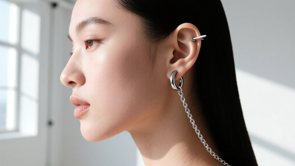 Side profile of a model wearing a 16-gauge niobium helix to lobe earring with a rope chain showing the drape and tension on ear