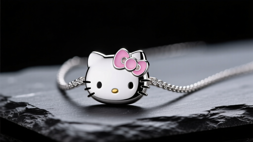 Sterling silver Hello Kitty necklace with pink enamel bow on dark slate, soft diffused studio lighting, macro shot.