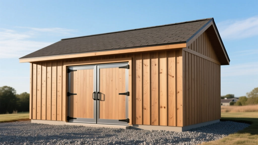 Completed 10x20 wooden shed with LP SmartSide siding, architectural asphalt shingle roof, and double doors sitting on a crushed gravel pad