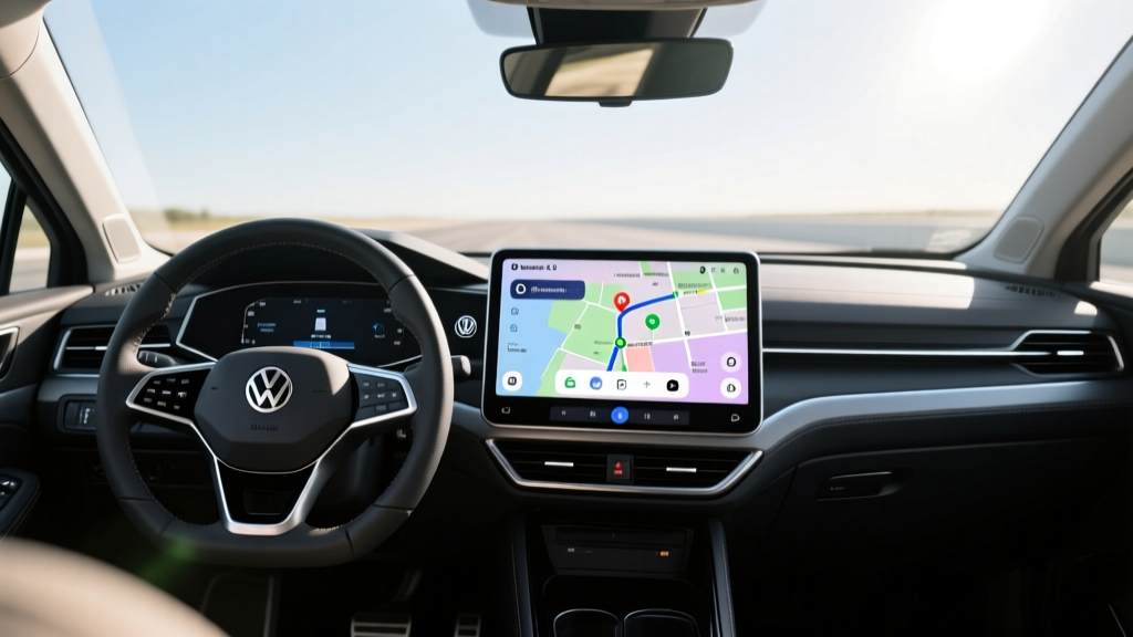 2026 Volkswagen ID.4 Pro S dashboard displaying the updated Software 5.0 infotainment navigation interface in daylight