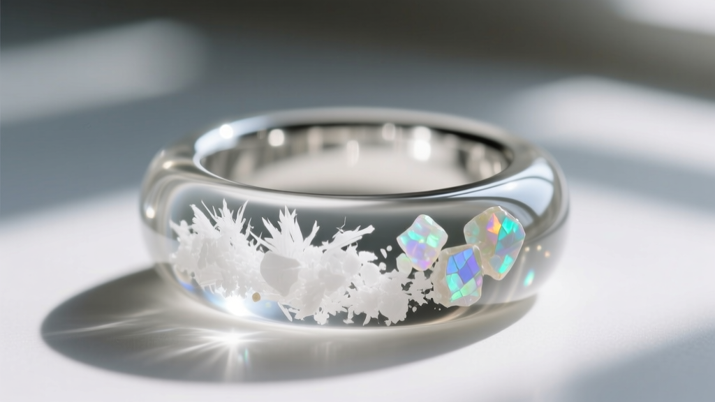 Macro close-up of a polished aliphatic polyurethane resin ring encapsulating fine white cremation ash and crushed opal flakes.