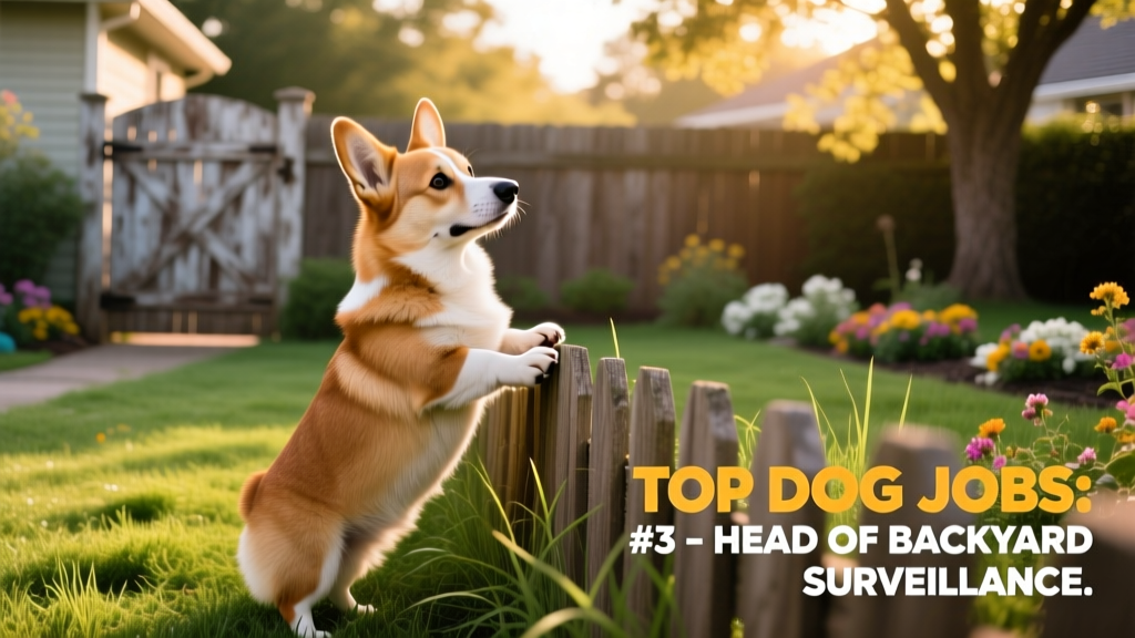 A playful Corgi standing upright on hind legs, 'surveying' a backyard with focused expression