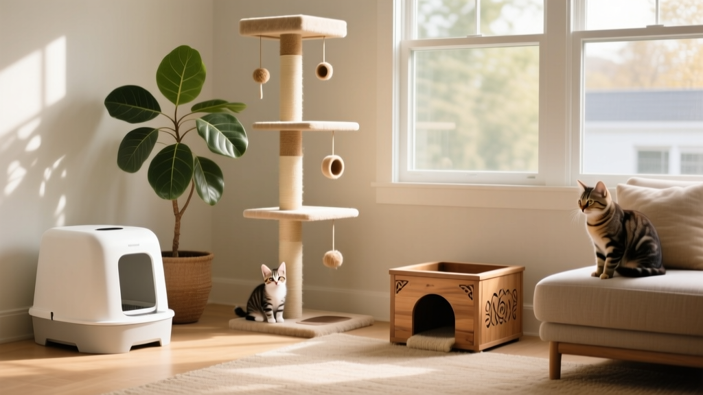 A side-by-side setup showing two clean litter boxes in different corners of a sunlit living room, with a cat tree nearby