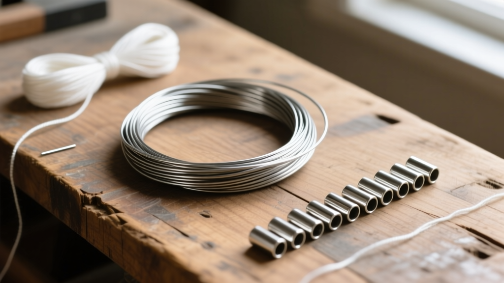 Flat lay showing 0.018 inch 49-strand steel beading wire, silver crimp tubes, and white silk thread on a rustic wooden workbench.