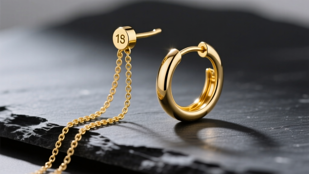 18k yellow gold threader hoop earrings on dark slate, highlighting a delicate chain dropping from a small 15mm circular hoop base