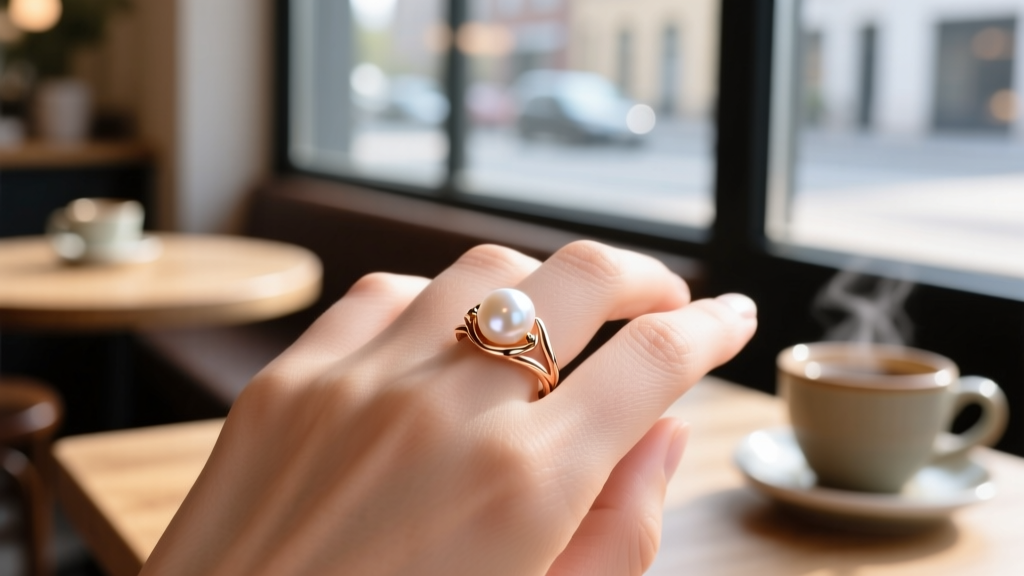 Close-up of a hand wearing a Seta Jewelry freshwater pearl ring in 14k rose gold, softly lit against a blurred cafe backdrop