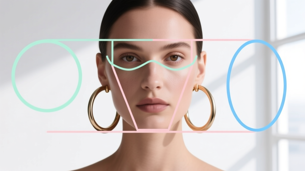 Diagram showing how oversized hoop earring shapes complement round, square, and oval faces using subtle geometric guidelines
