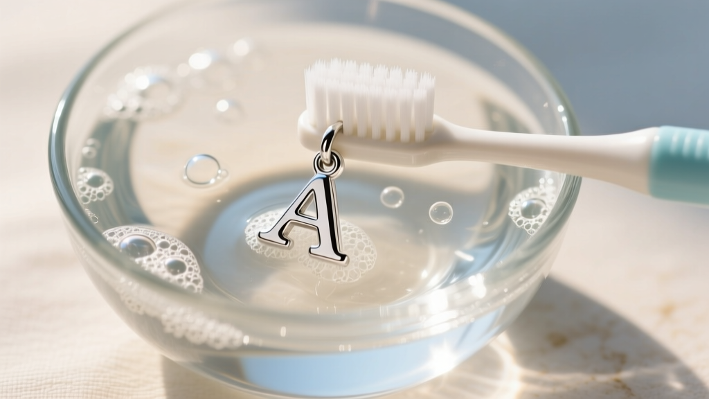 Soft baby toothbrush gently scrubbing a tiny sterling silver initial charm in a glass bowl of warm soapy water, top-down angle