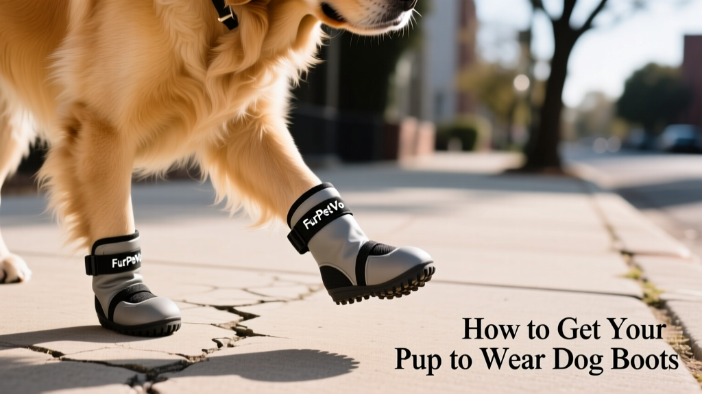 Close-up of a dog wearing well-fitted FurPetVo dog boots on a paved sidewalk, with one paw lifted slightly