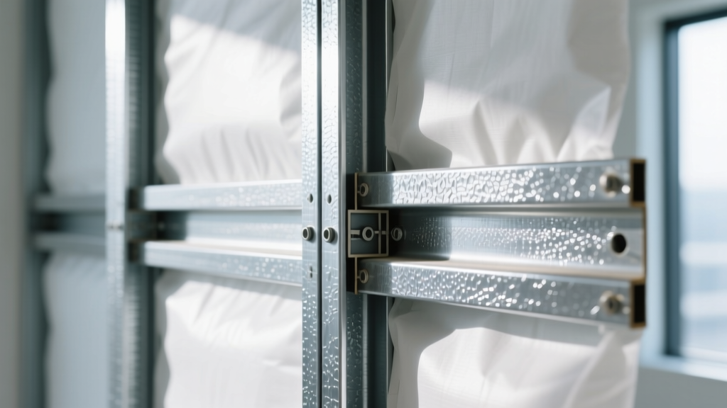 Close-up of G90 galvanized steel wall framing studs secured against a vapor barrier in a commercial interior wall cavity