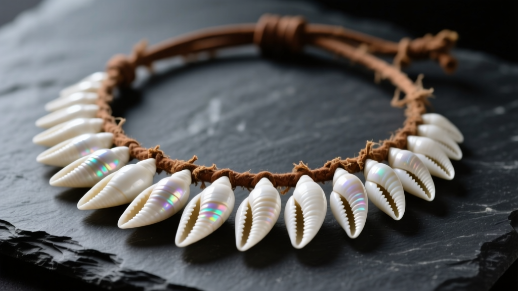 Close-up of a vintage dentalium shell necklace on dark slate, showing long white tubular shells and a frayed brown leather cord.