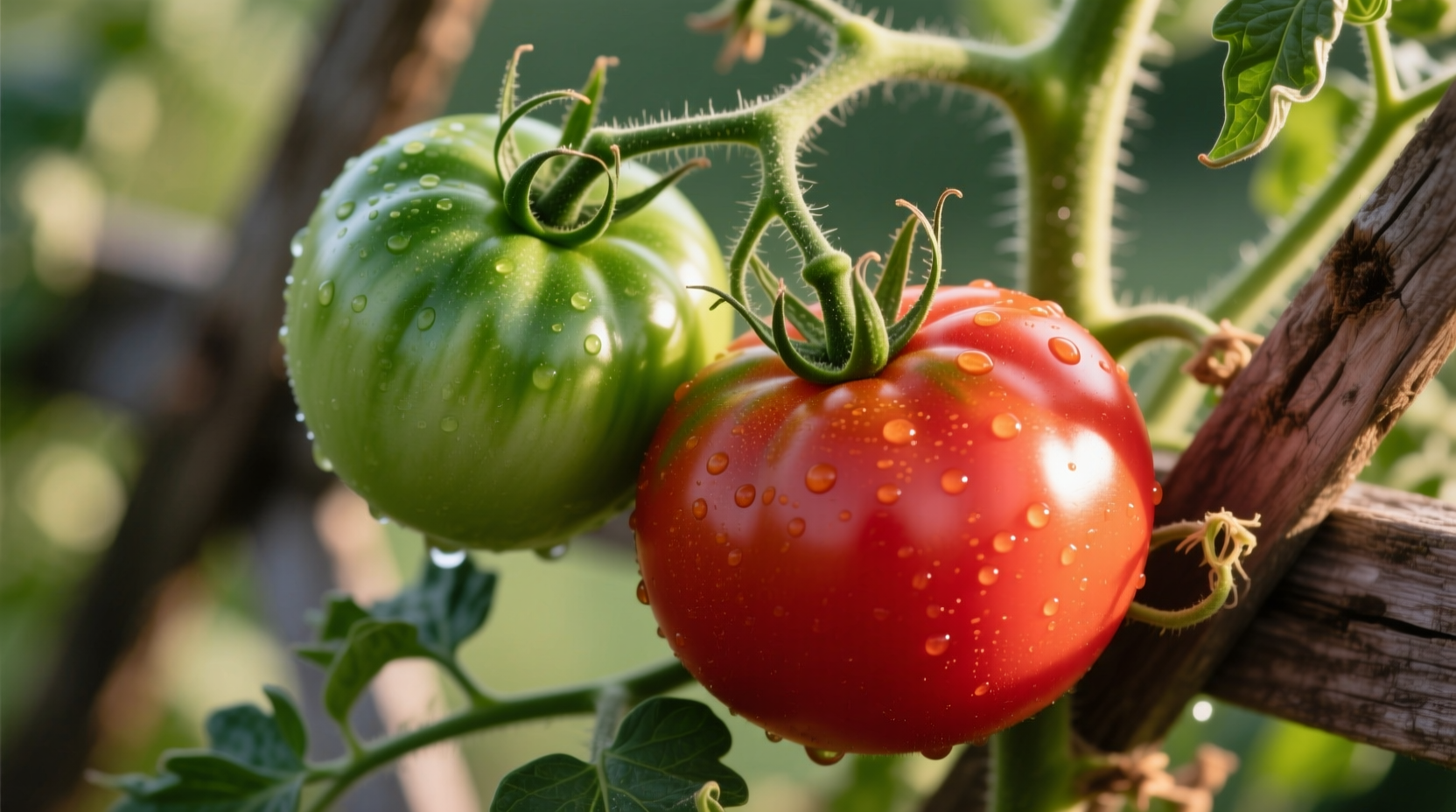 Ripe Rutgers tomatoes on vine with characteristic shoulder greenness