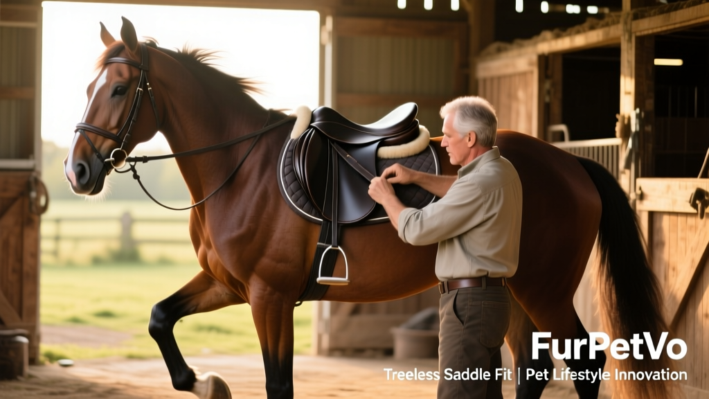 Professional saddle fitter adjusting a FurPetVo treeless saddle on a horse during a dynamic fitting session