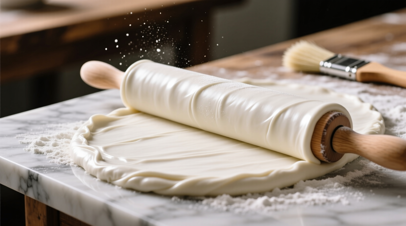 Close-up of smooth white fondant being rolled out