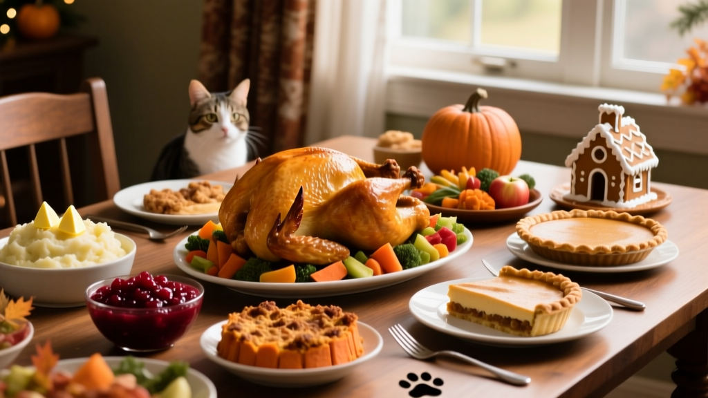A festive holiday table with turkey, side dishes, and desserts—clearly out of reach of curious paws