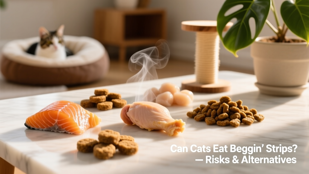 Assortment of small, high-quality cat treats including freeze-dried salmon and soft chicken morsels on a clean surface