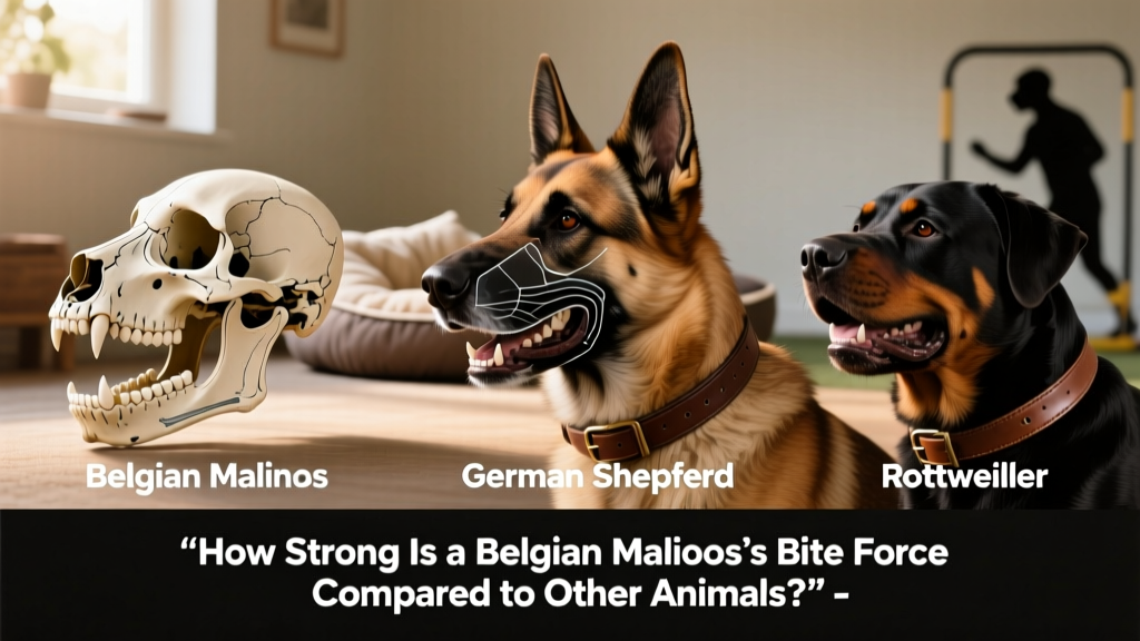 Side-by-side graphic comparing skull shapes and jaw mechanics of a Belgian Malinois, German Shepherd, and Rottweiler
