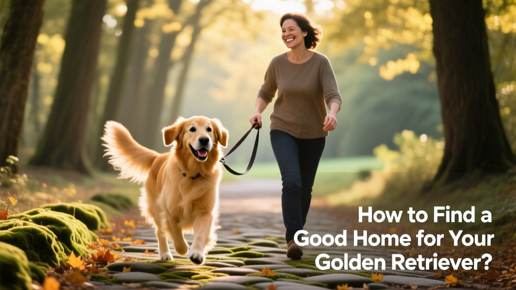 A Golden Retriever happily walking on a leash alongside their new owner on a tree-lined path