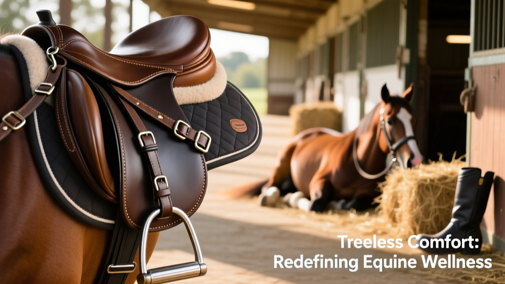 Close-up of FurPetVo treeless saddle rigging showing dual-point girth straps and reinforced stirrup bar attachments