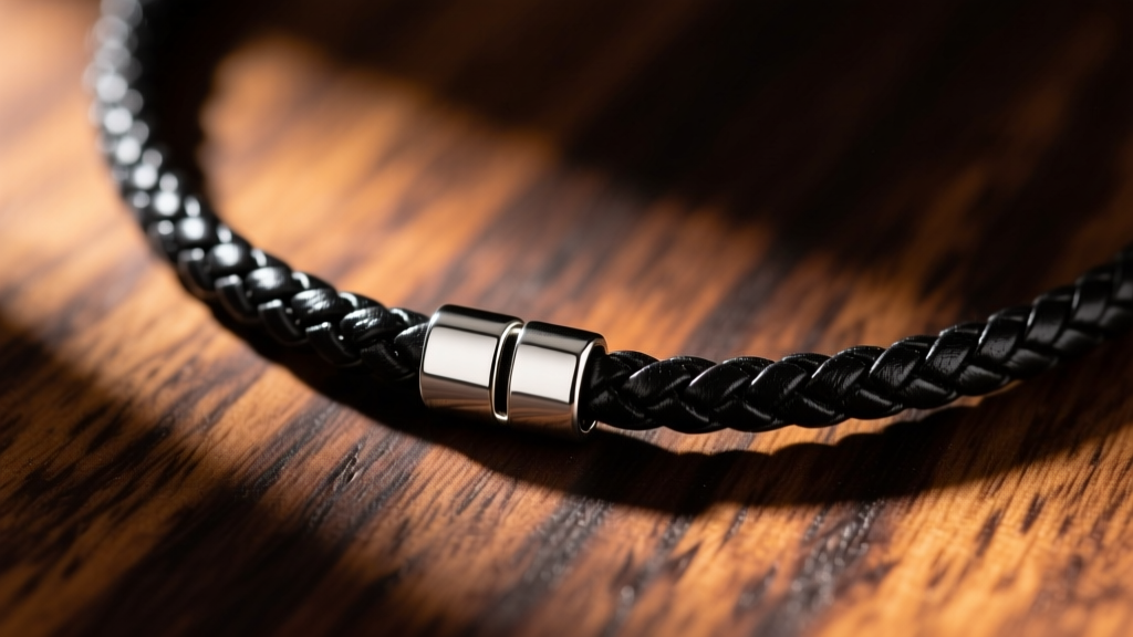 Close-up of a 3mm braided black leather necklace cord with a sterling silver bayonet clasp, resting on a dark walnut wood surface.