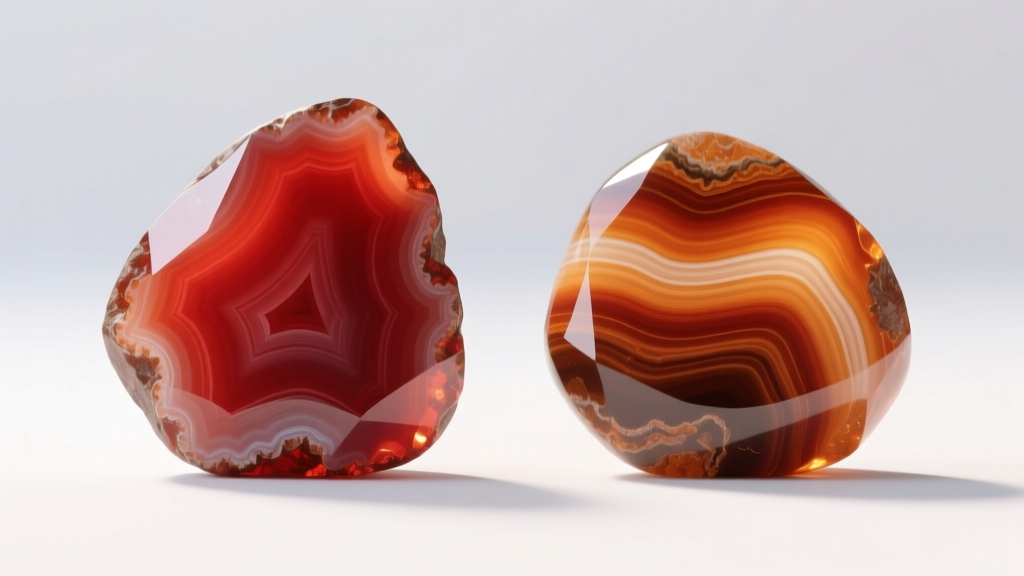 Side-by-side comparison of dyed red agate and natural banded carnelian gemstones used in religious pendants under bright light.