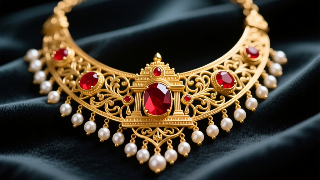 Close-up of an intricate 22k gold Hindu temple necklace featuring red Kemp stones and pearl fringe, resting on dark silk fabric.