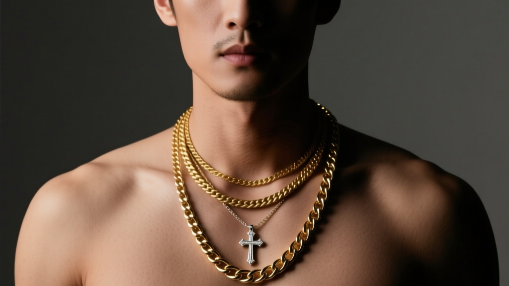 Man wearing three layered gold chains of varying thicknesses with a small cross pendant under moody cinematic studio lighting