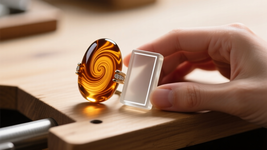 Macro view of molded resin with seam lines beside hand-tumbled acetate showing deep amber marbling on a wooden jeweler