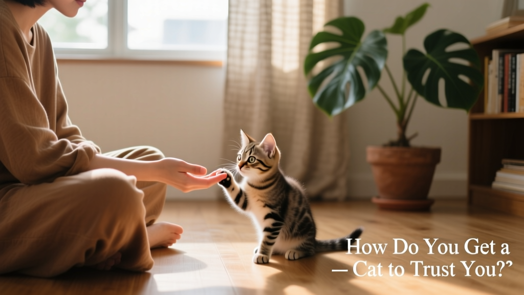 A person sitting quietly on the floor while a curious kitten sniffs their outstretched hand