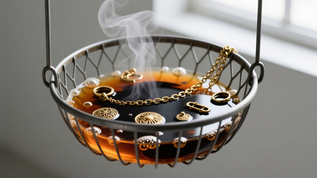 Steel mesh basket holding brass necklace components submerged in a steaming liver of sulfur solution to create a dark, aged patina.
