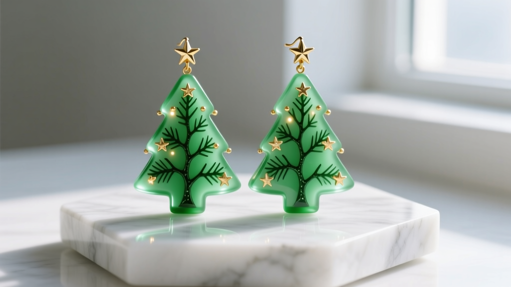 Finished DIY Christmas tree earrings made with green UV resin and tiny gold star studs, displayed on a white marble jewelry bust