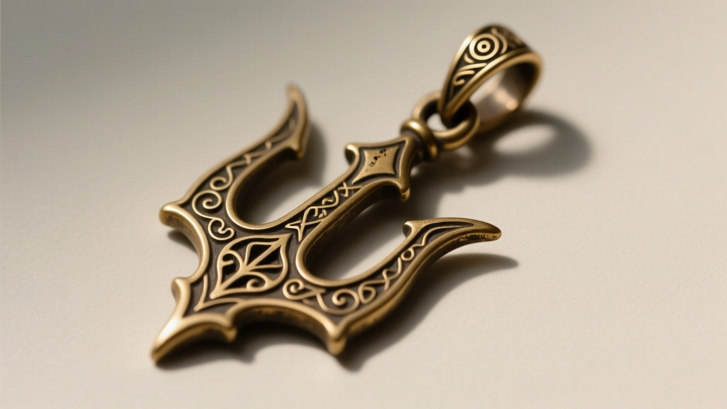 Macro shot of a solid brass trident pendant with an antiqued patina, highlighting intricate engraving on the prongs and the bail