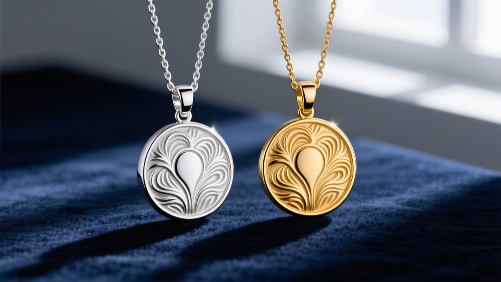 Sterling silver and 14k gold crest pendants side-by-side on velvet, comparing metal finishes and intricate relief carving depths