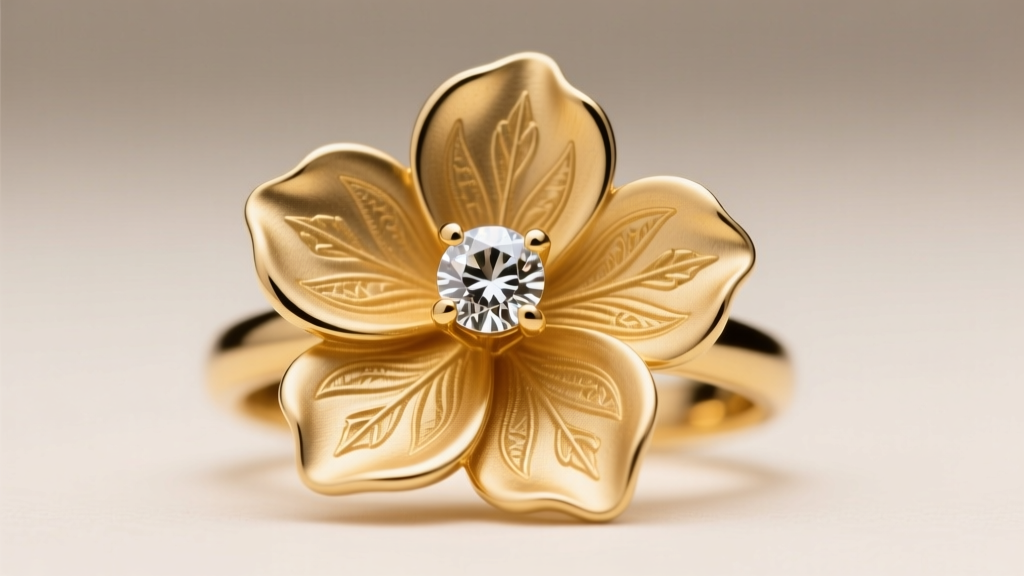 Macro photo of an 18k yellow gold floral ring with intricate matte petals and a central diamond pistil under soft studio lighting.
