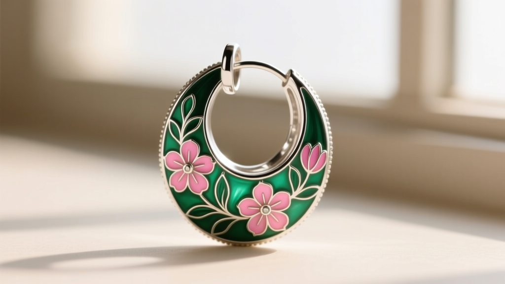 Macro shot of vibrant green and pink Meenakari enamel detailing on the back of a polished sterling silver jhumka earring