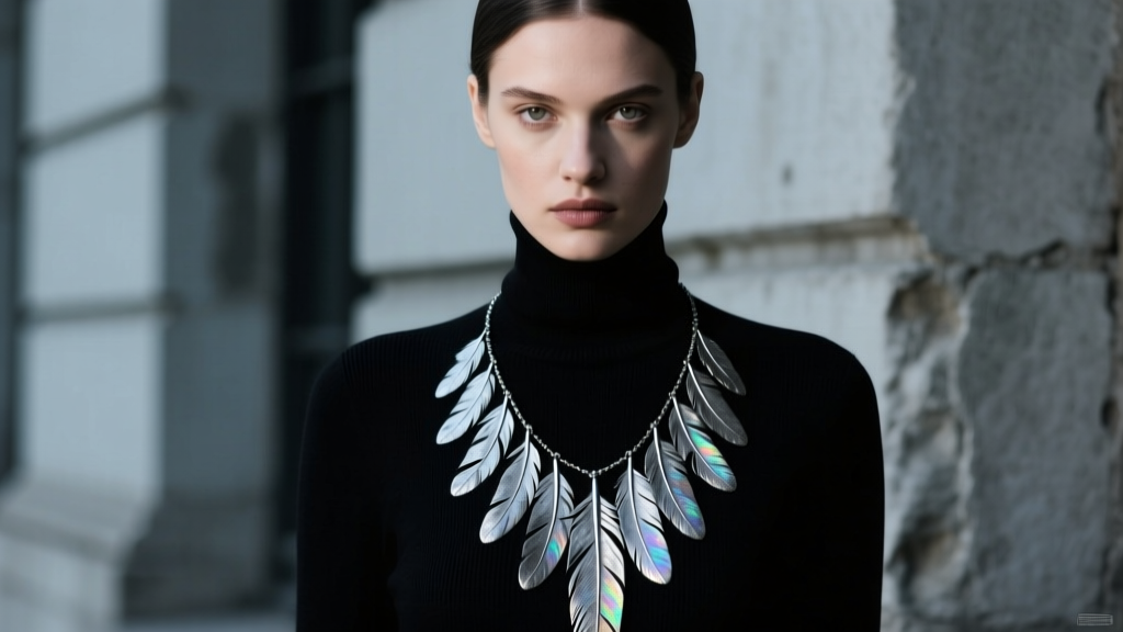 Model wearing a long 24-inch oxidized silver feathered necklace over a black turtleneck sweater, moody editorial fashion portrait