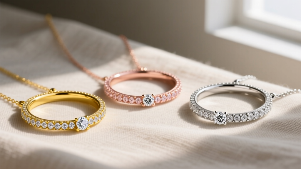 Three diamond circle necklaces in yellow gold, rose gold, and platinum resting on a neutral textured linen fabric in natural light.