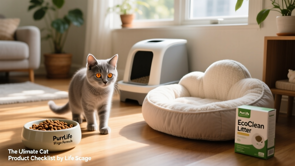 A calm, curious kitten exploring a cozy setup with food bowl, litter box, and soft bed