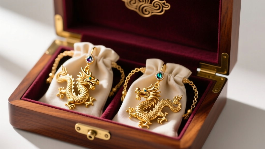 Ornate gold dragon dangle earrings stored safely inside individual anti-tarnish cloth pouches within a lined mahogany jewelry box.