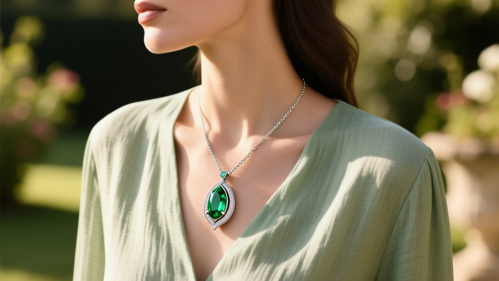 Woman wearing a silver peapod pendant with green peridot gems, layered over a sage linen blouse in warm natural sunlight.
