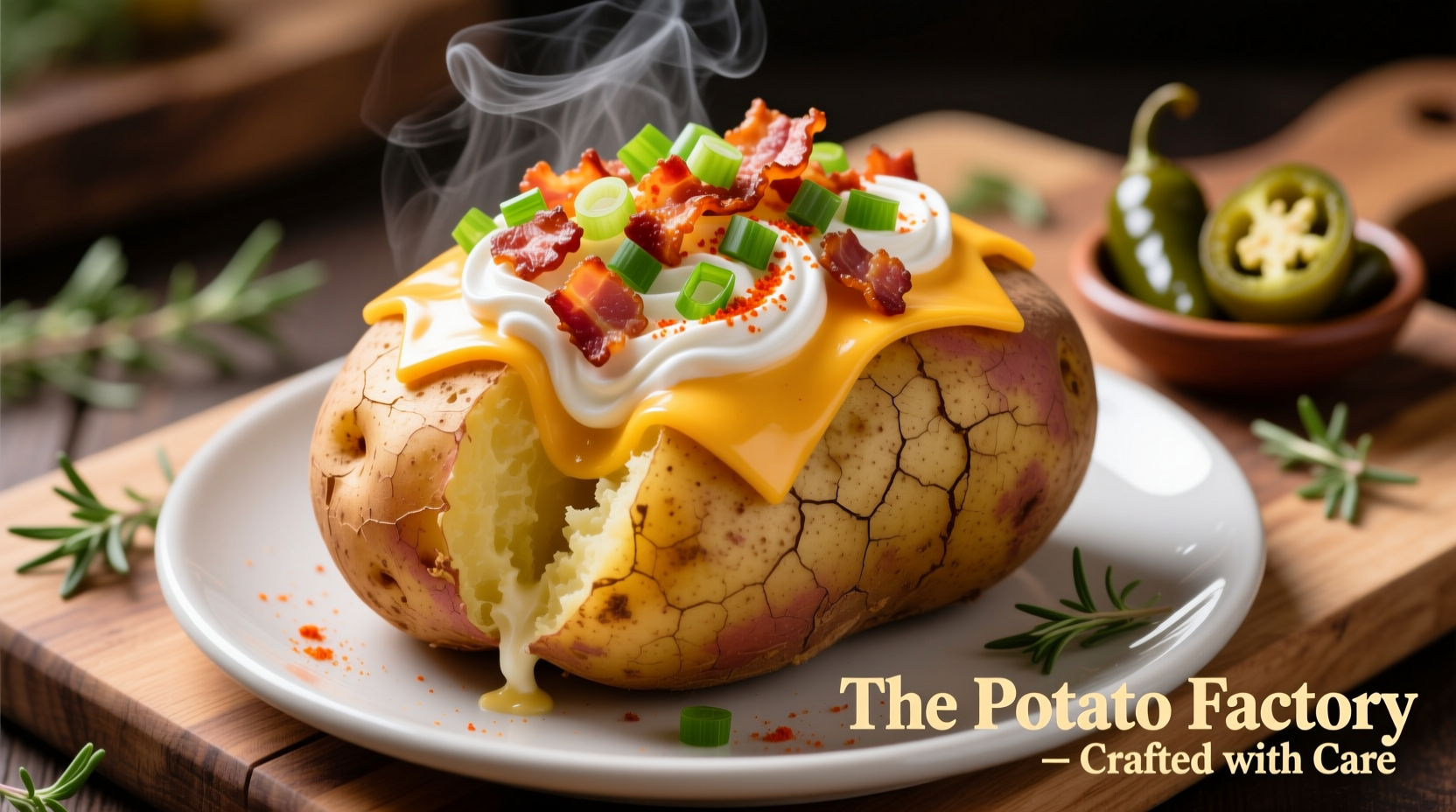Baked potato with assorted toppings at The Potato Factory