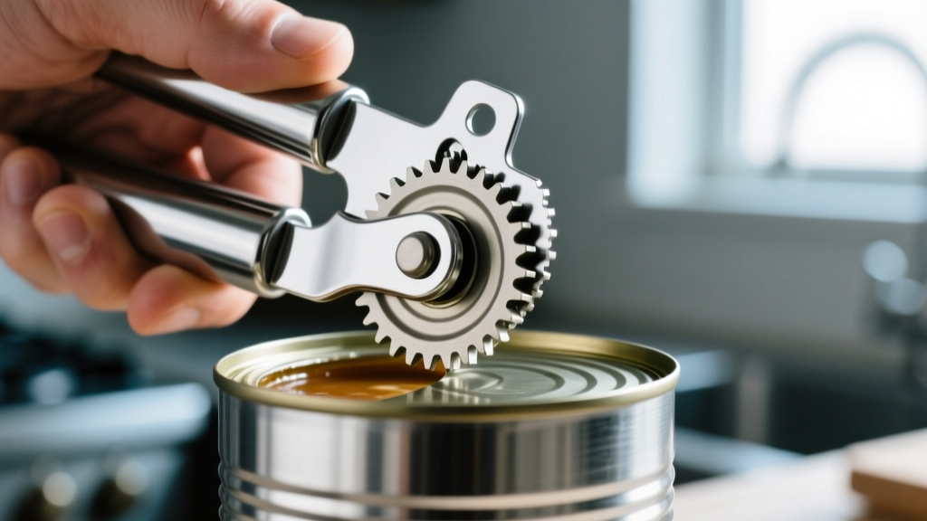 Hand turning a chrome Swing-A-Way manual can opener on a steel soup can, close-up of serrated gear teeth biting into the metal rim