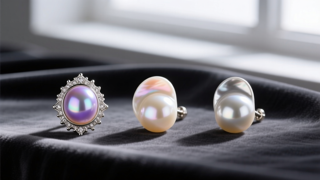 Flat lay of three baroque pearl earrings showing variations in overtone including rose silver and cream on a dark velvet surface.