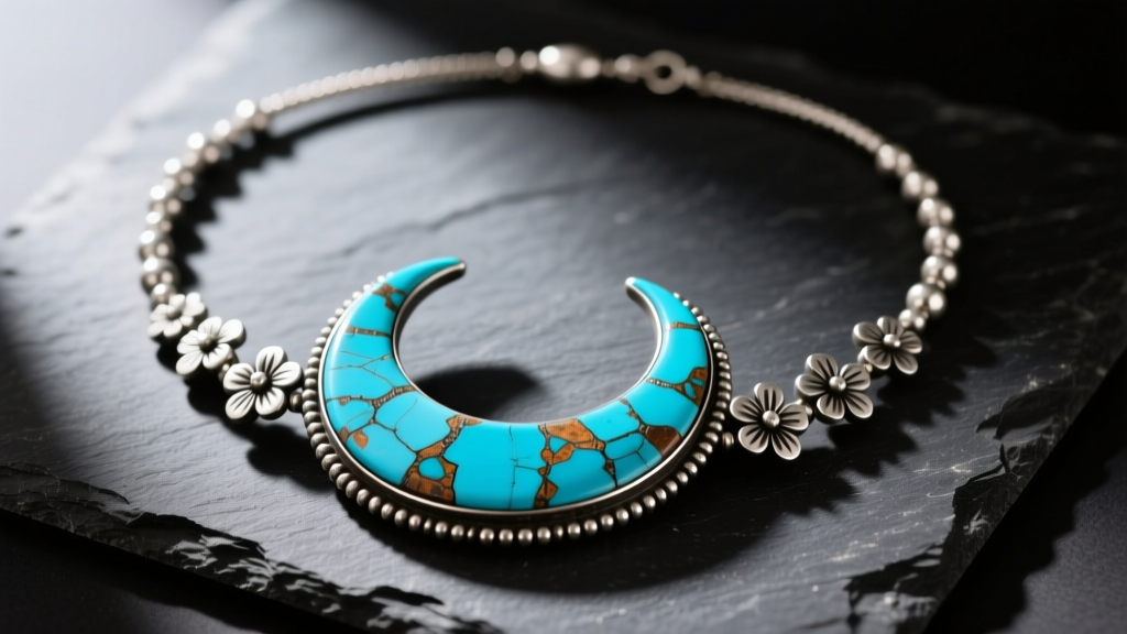 Flat lay of a vintage Navajo turquoise squash necklace on dark slate, highlighting the crescent naja pendant and silver blossom beads