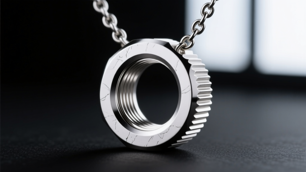 Macro photography of a 316L stainless steel O-ring seal inside a blood vial necklace cap, showing precise threading