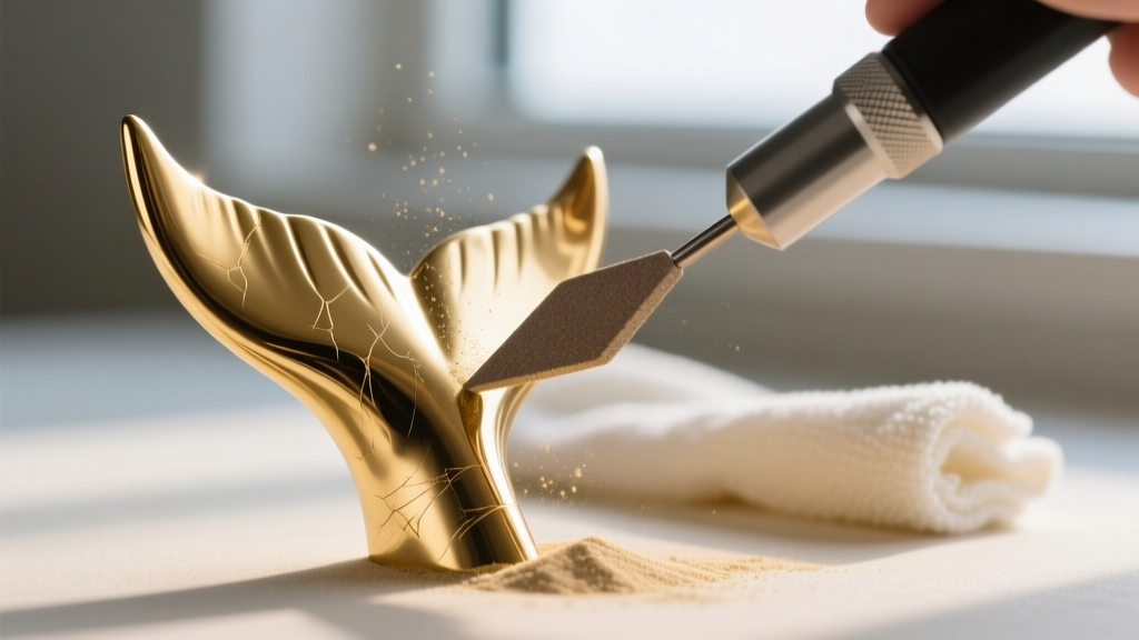 Fine sanding tool smoothing the sharp tip of a gold whale tail fin, with a microfiber cloth resting in the blurred background.